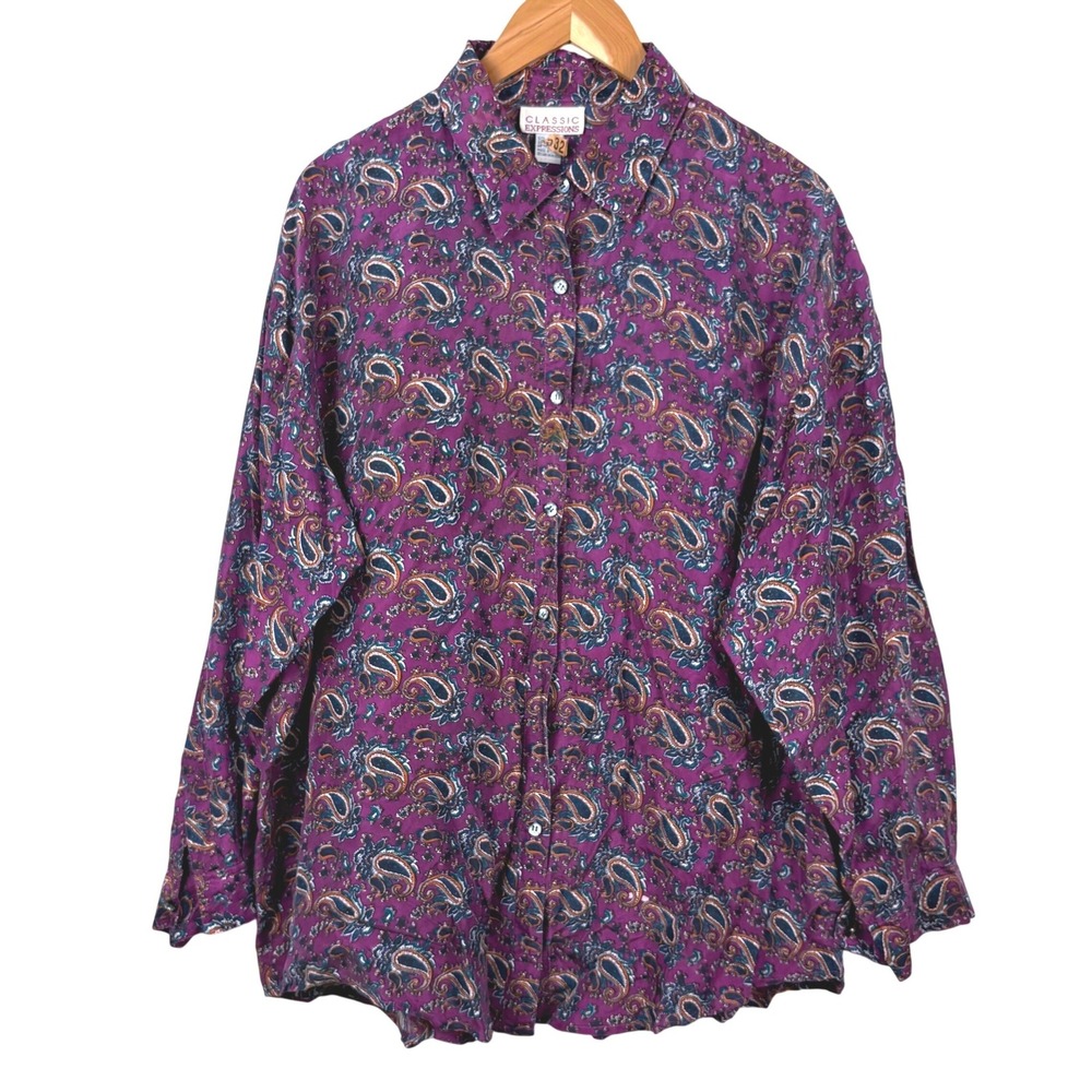 VTG Classic Expressions Women 20W Purple Paisley 100% Silk Button Up Shirt Luxe